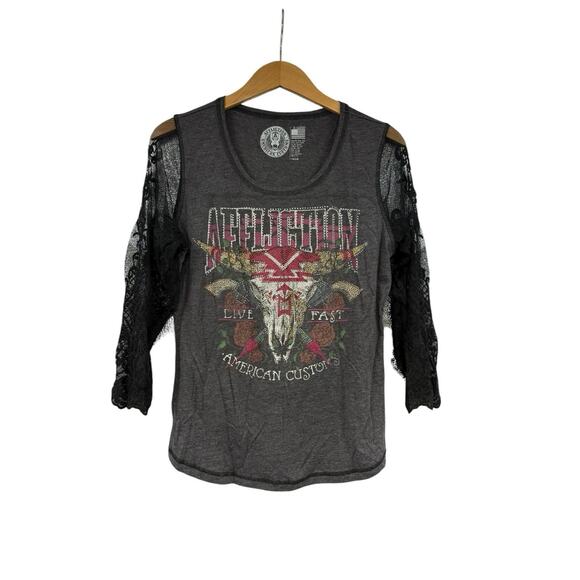 Affliction American Customs Rhinestone Embellished Lace Sleeve T Shirt Womens XL - Picture 1 of 6